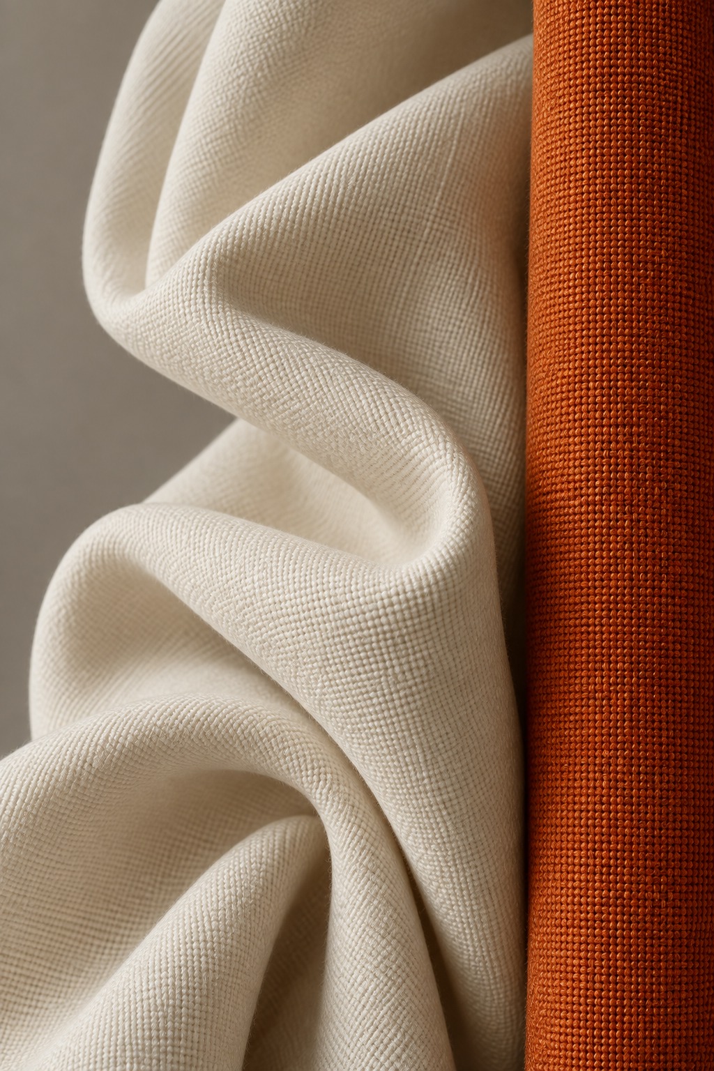 Concept study of softly folded ivory cotton beside orange woven fabric