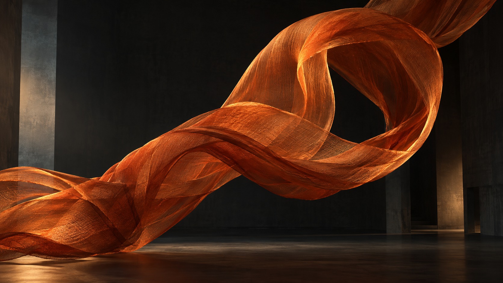 Concept artwork of a flowing orange textile sculpture suspended in a dark gallery